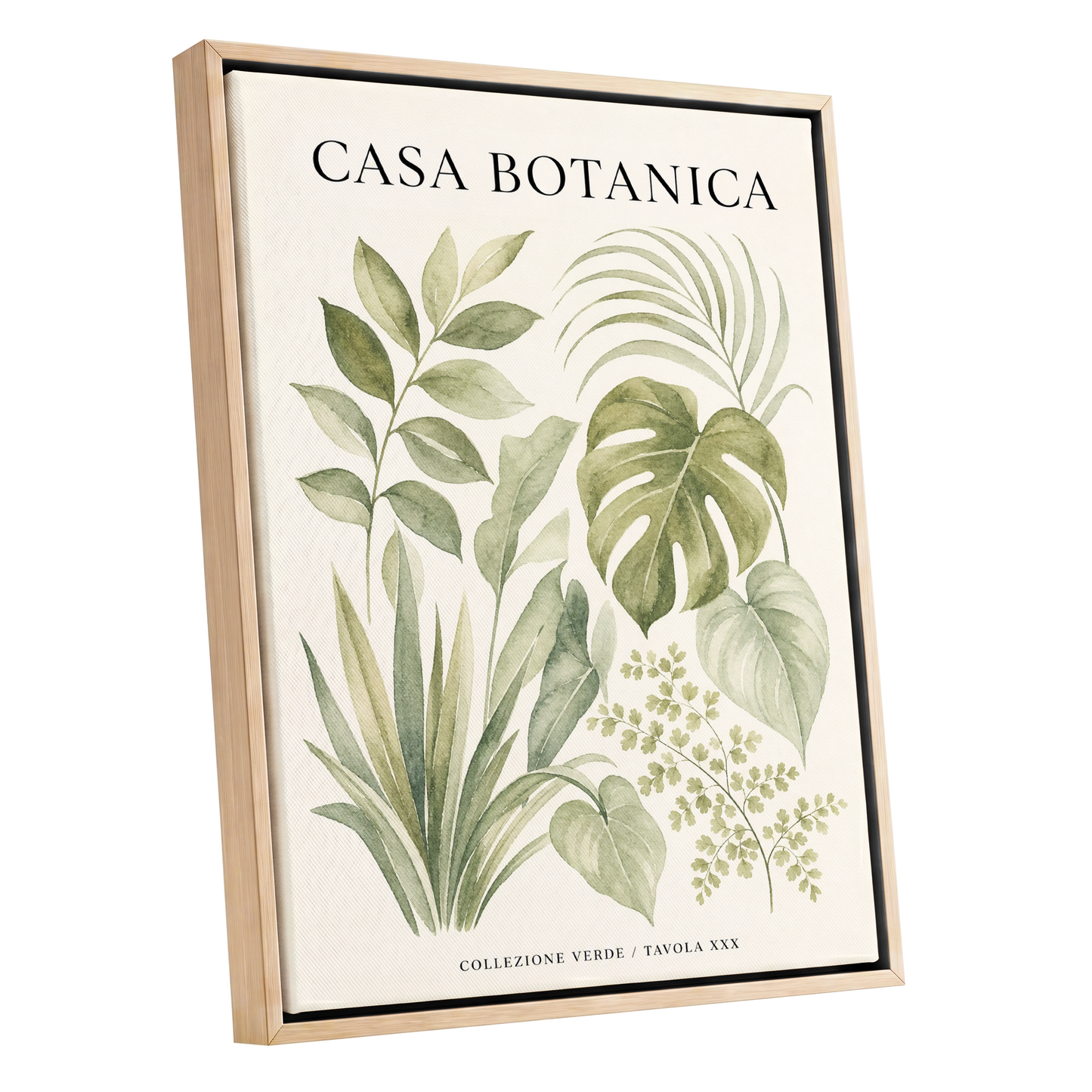 Casa Botanica Leaves, green, beige, black nature wall art shown as a oak framed canvas wall art
