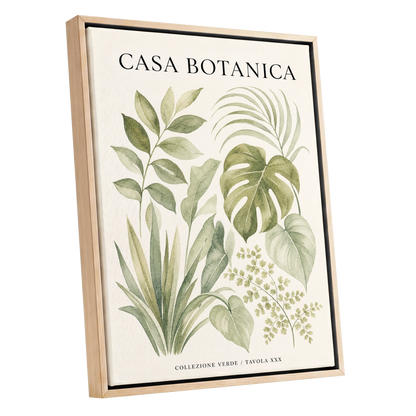 Casa Botanica Leaves, green, beige, black nature wall art shown as a oak framed canvas wall art