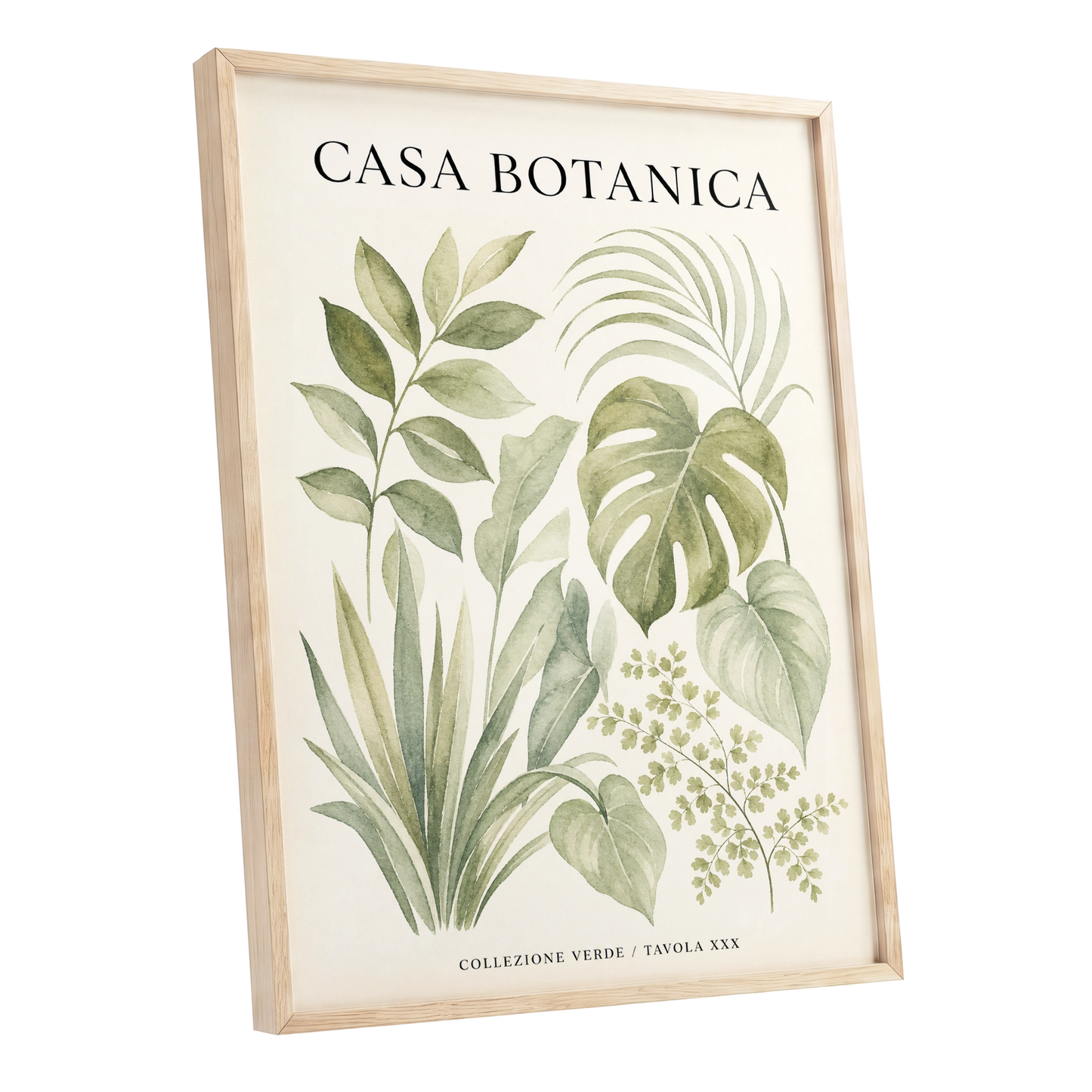 Casa Botanica Leaves, green, beige, black nature wall art shown as a oak framed poster wall art print