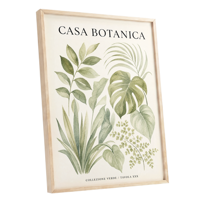 Casa Botanica Leaves, green, beige, black nature wall art shown as a oak framed poster wall art print