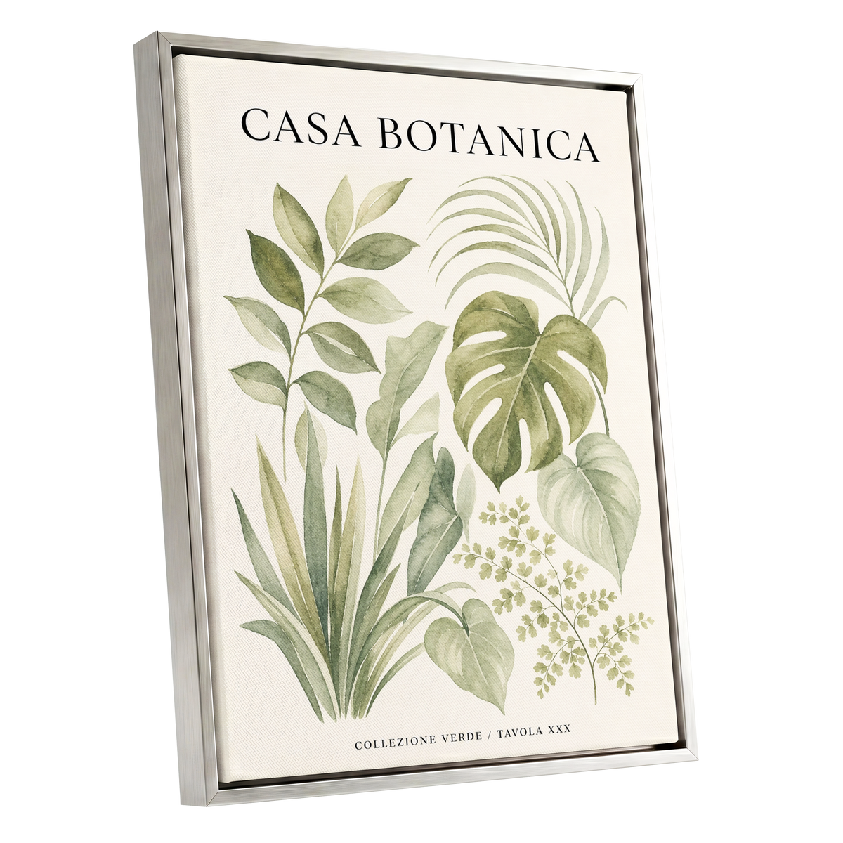 Casa Botanica Leaves, green, beige, black nature wall art shown as a silver framed canvas wall art
