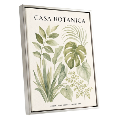 Casa Botanica Leaves, green, beige, black nature wall art shown as a silver framed canvas wall art