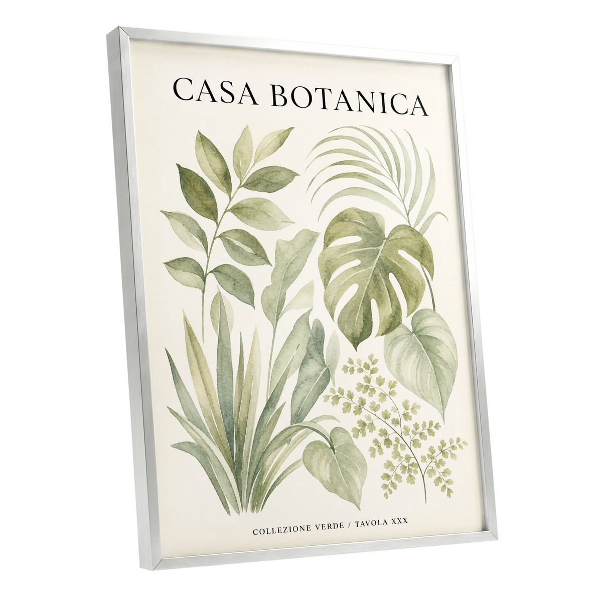 Casa Botanica Leaves, green, beige, black nature wall art shown as a silver framed poster wall art print