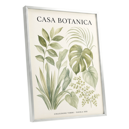 Casa Botanica Leaves, green, beige, black nature wall art shown as a silver framed poster wall art print