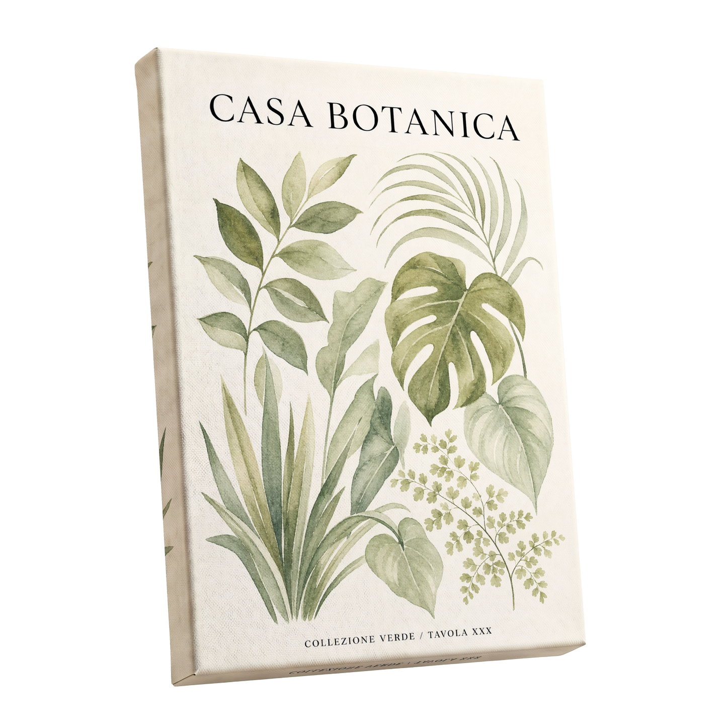 Casa Botanica Leaves, green, beige, black nature wall art shown as a stretched canvas wall art