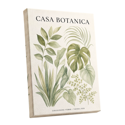Casa Botanica Leaves, green, beige, black nature wall art shown as a stretched canvas wall art