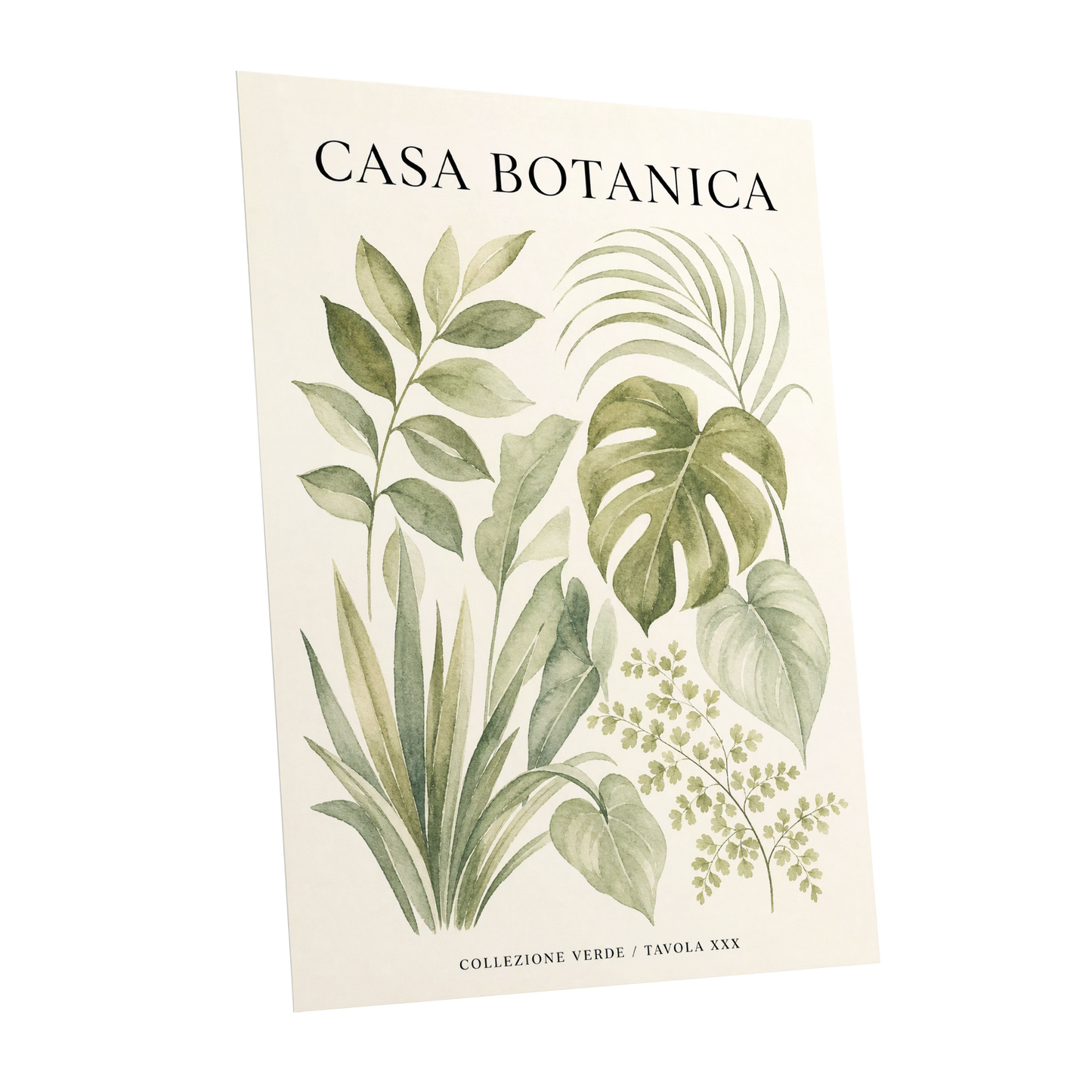 Casa Botanica Leaves, green, beige, black nature wall art shown as a unframed poster wall art print