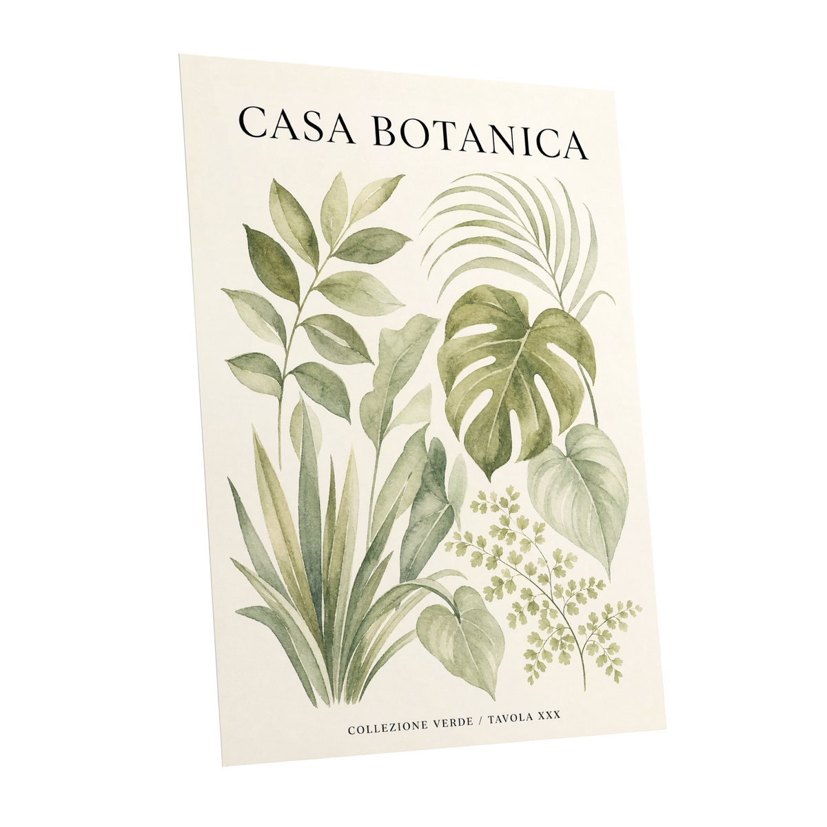 Casa Botanica Leaves, green, beige, black nature wall art shown as a unframed poster wall art print