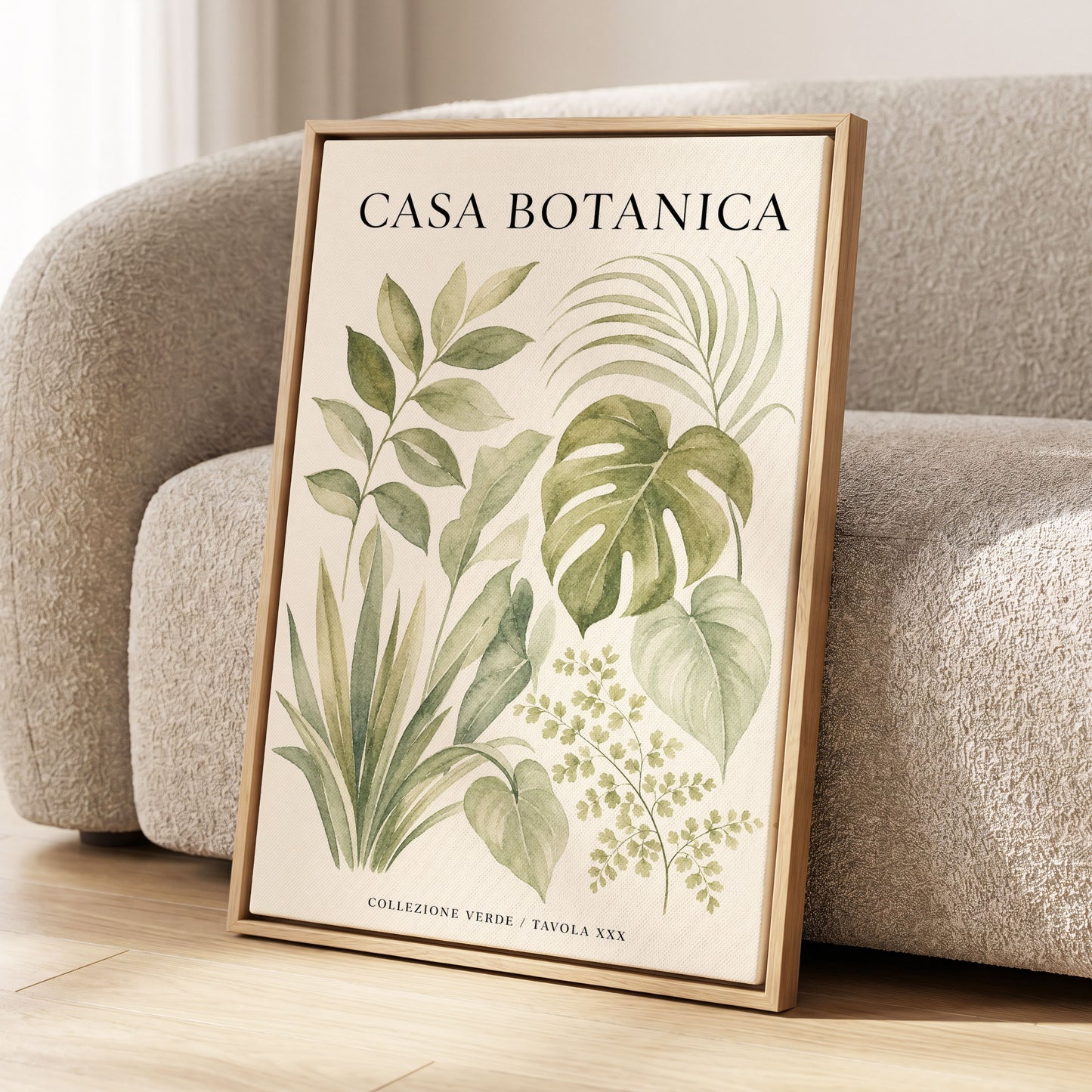 Casa Botanica Leaves, green, beige, black nature wall art displayed in a styled interior, gallery view 2