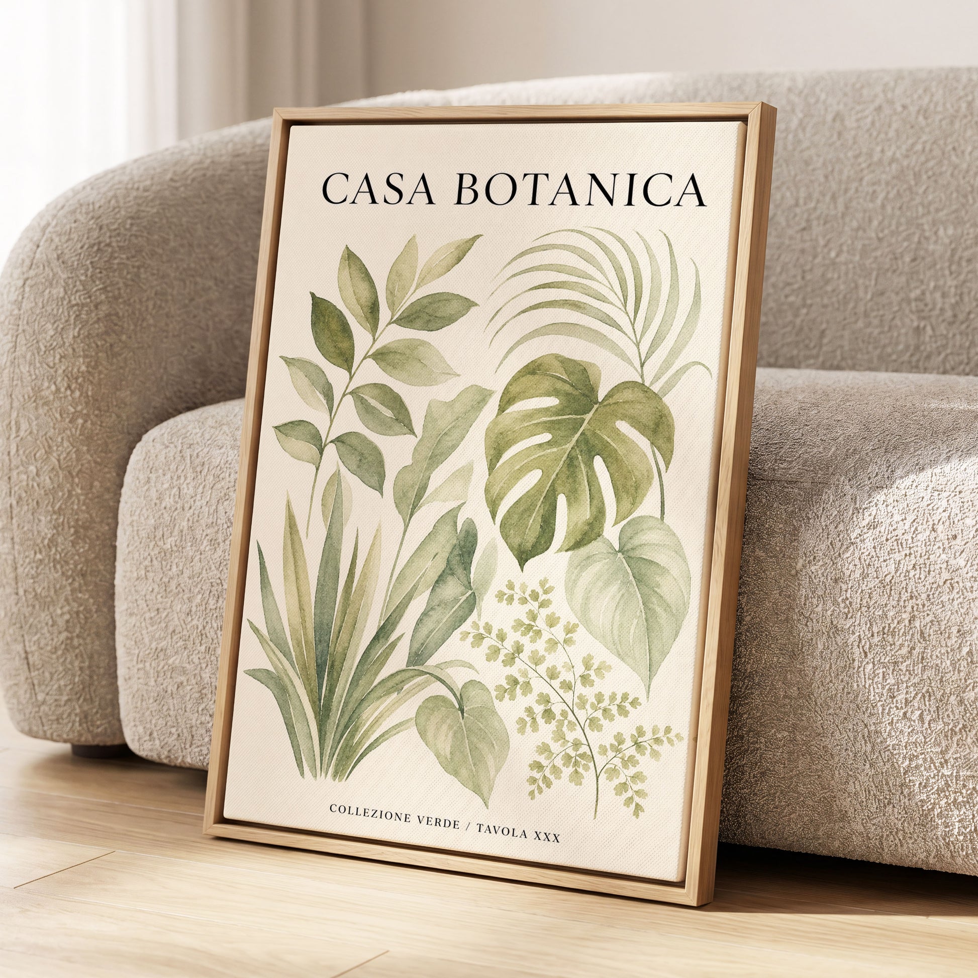 Casa Botanica Leaves, green, beige, black nature wall art displayed in a styled interior, gallery view 2