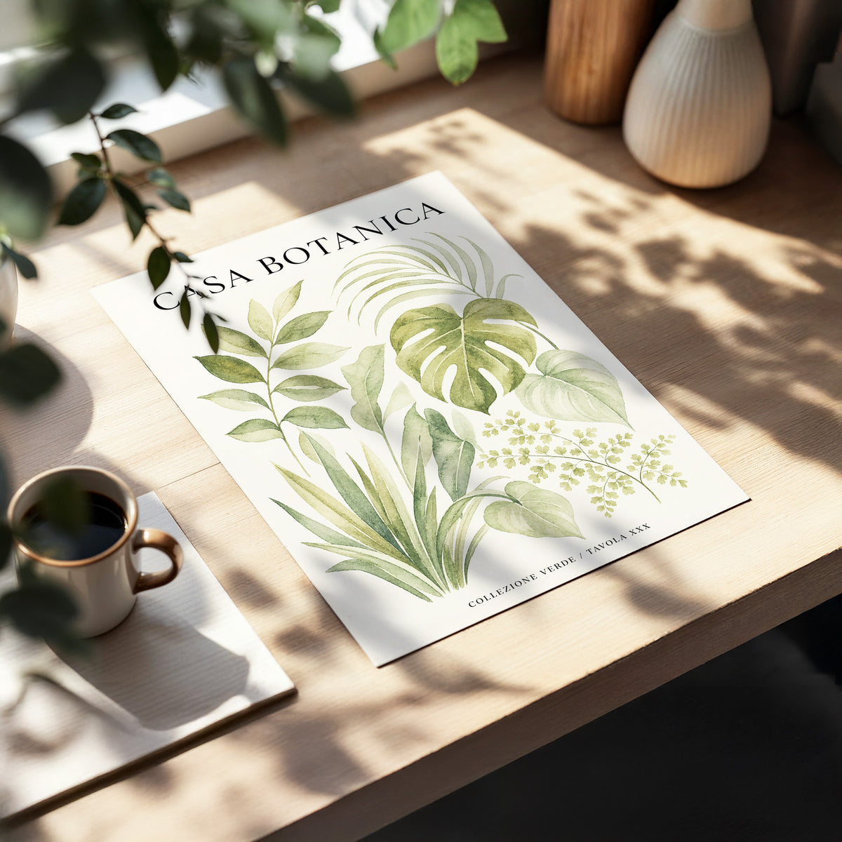 Casa Botanica Leaves, green, beige, black nature wall art displayed in a styled interior, gallery view 3