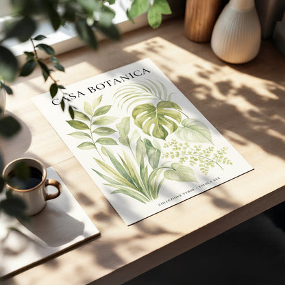 Casa Botanica Leaves, green, beige, black nature wall art displayed in a styled interior, gallery view 3