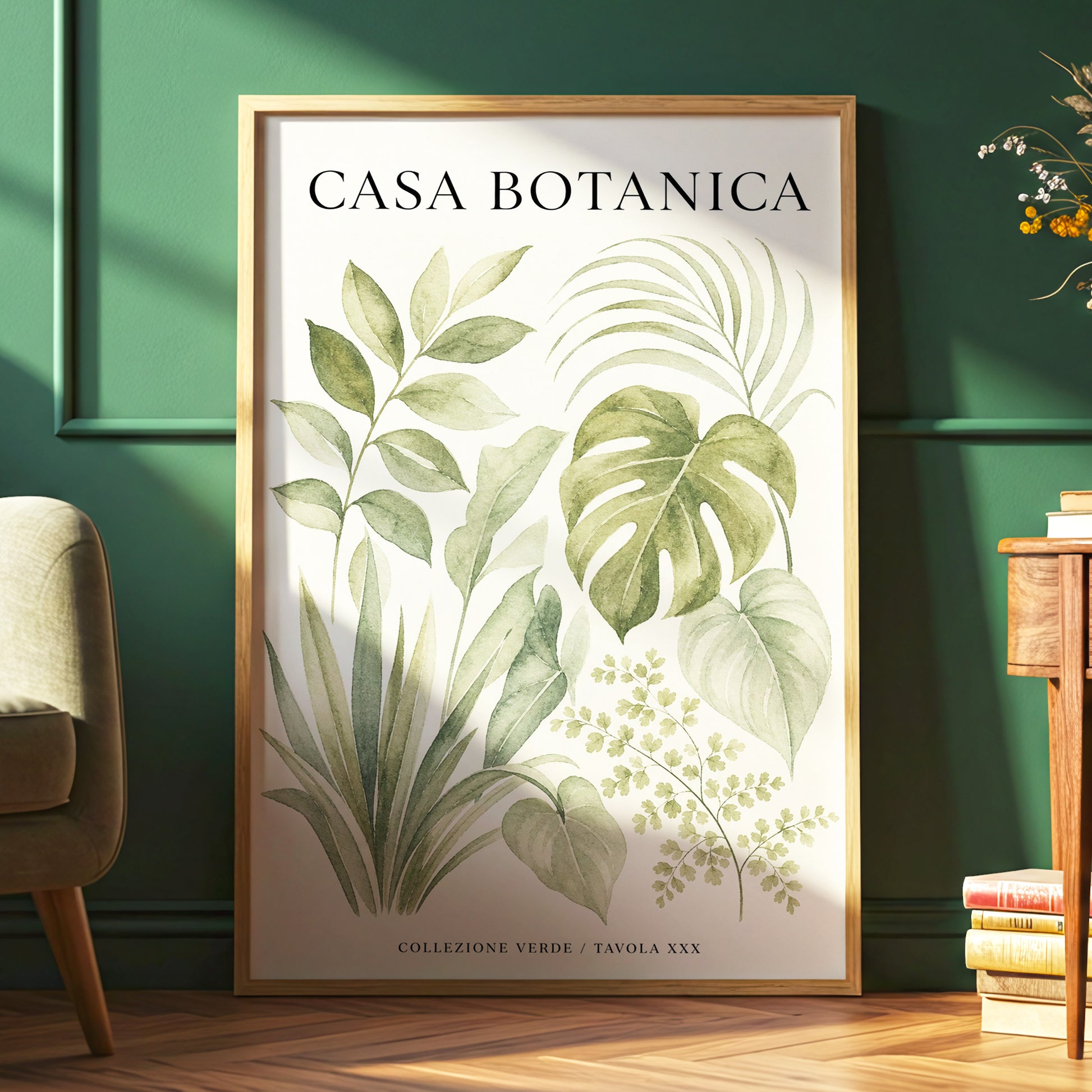 Casa Botanica Leaves, green, beige, black nature wall art displayed in a styled interior, gallery view 6
