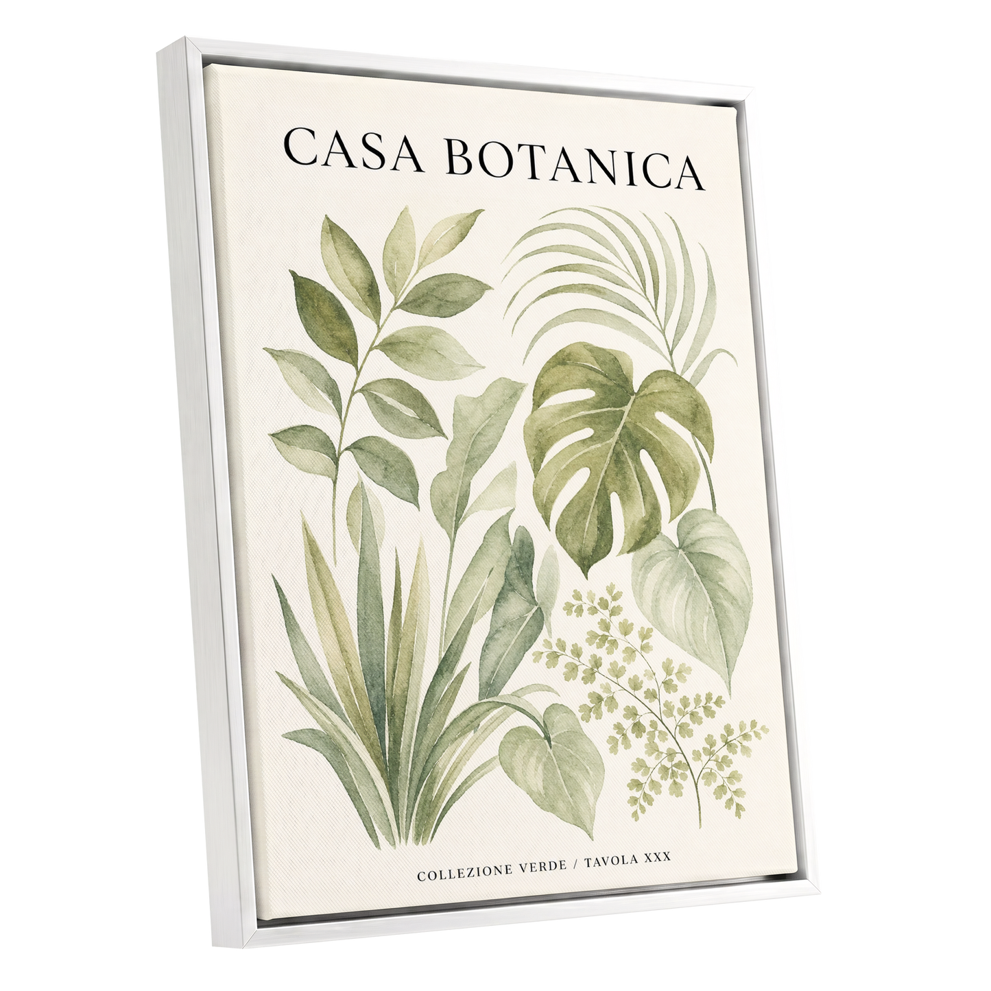 Casa Botanica Leaves, green, beige, black nature wall art shown as a white framed canvas wall art