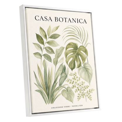 Casa Botanica Leaves, green, beige, black nature wall art shown as a white framed canvas wall art