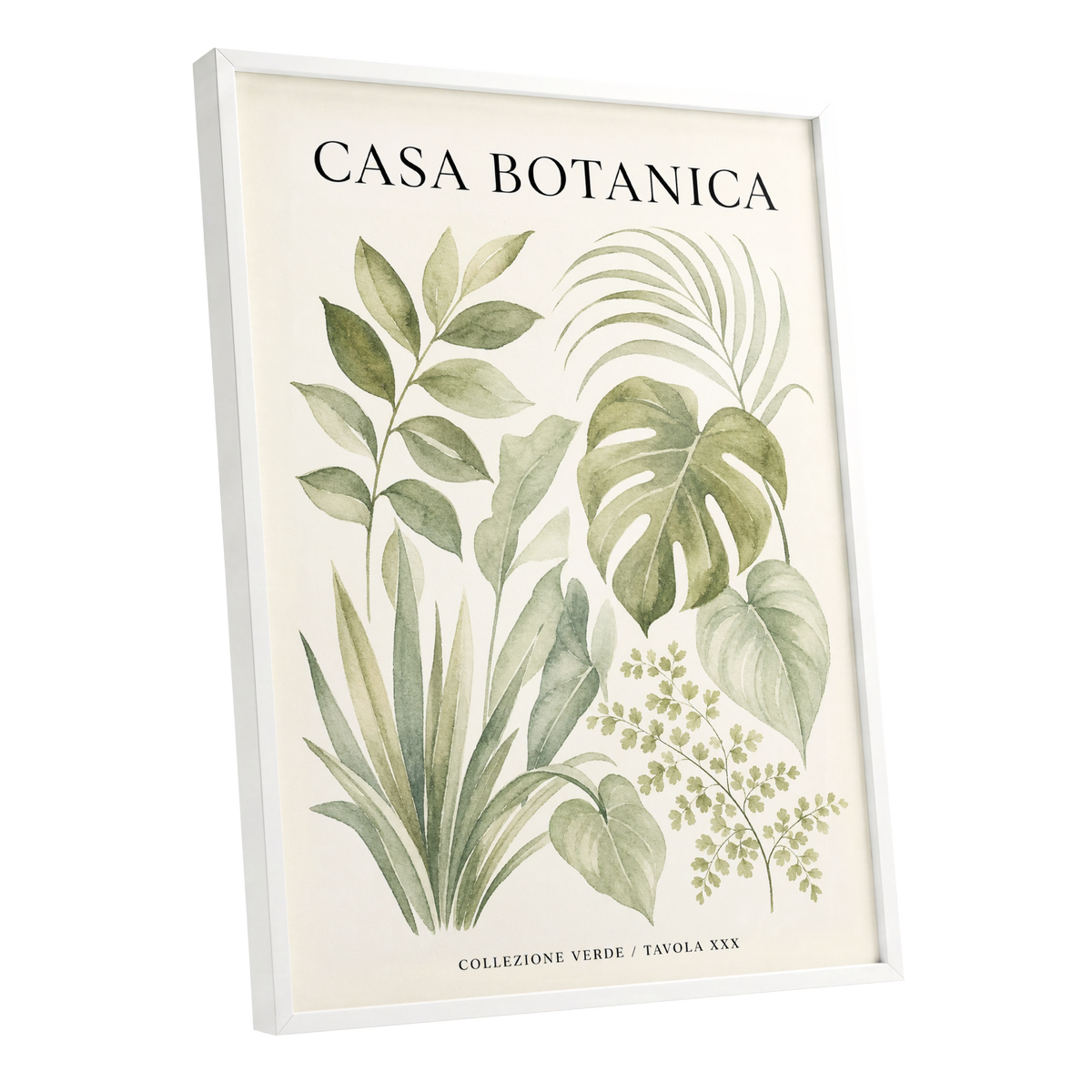 Casa Botanica Leaves, green, beige, black nature wall art shown as a white framed poster wall art print