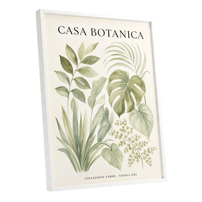 Casa Botanica Leaves, green, beige, black nature wall art shown as a white framed poster wall art print