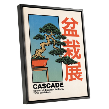 Cascade Bonsai Exhibition, beige, blue, green nature wall art shown as a black framed canvas wall art