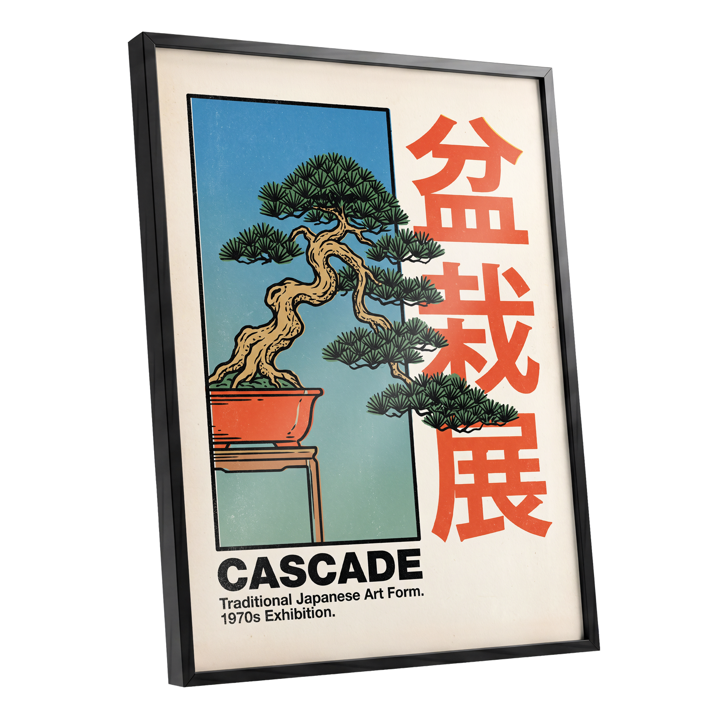 Cascade Bonsai Exhibition, beige, blue, green nature wall art shown as a black framed poster wall art print