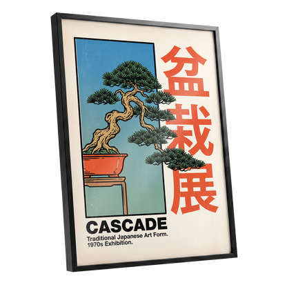 Cascade Bonsai Exhibition, beige, blue, green nature wall art shown as a black framed poster wall art print