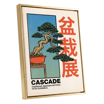 Cascade Bonsai Exhibition, beige, blue, green nature wall art shown as a gold framed canvas wall art