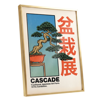 Cascade Bonsai Exhibition, beige, blue, green nature wall art shown as a gold framed poster wall art print