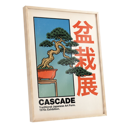 Cascade Bonsai Exhibition, beige, blue, green nature wall art shown as a oak framed poster wall art print