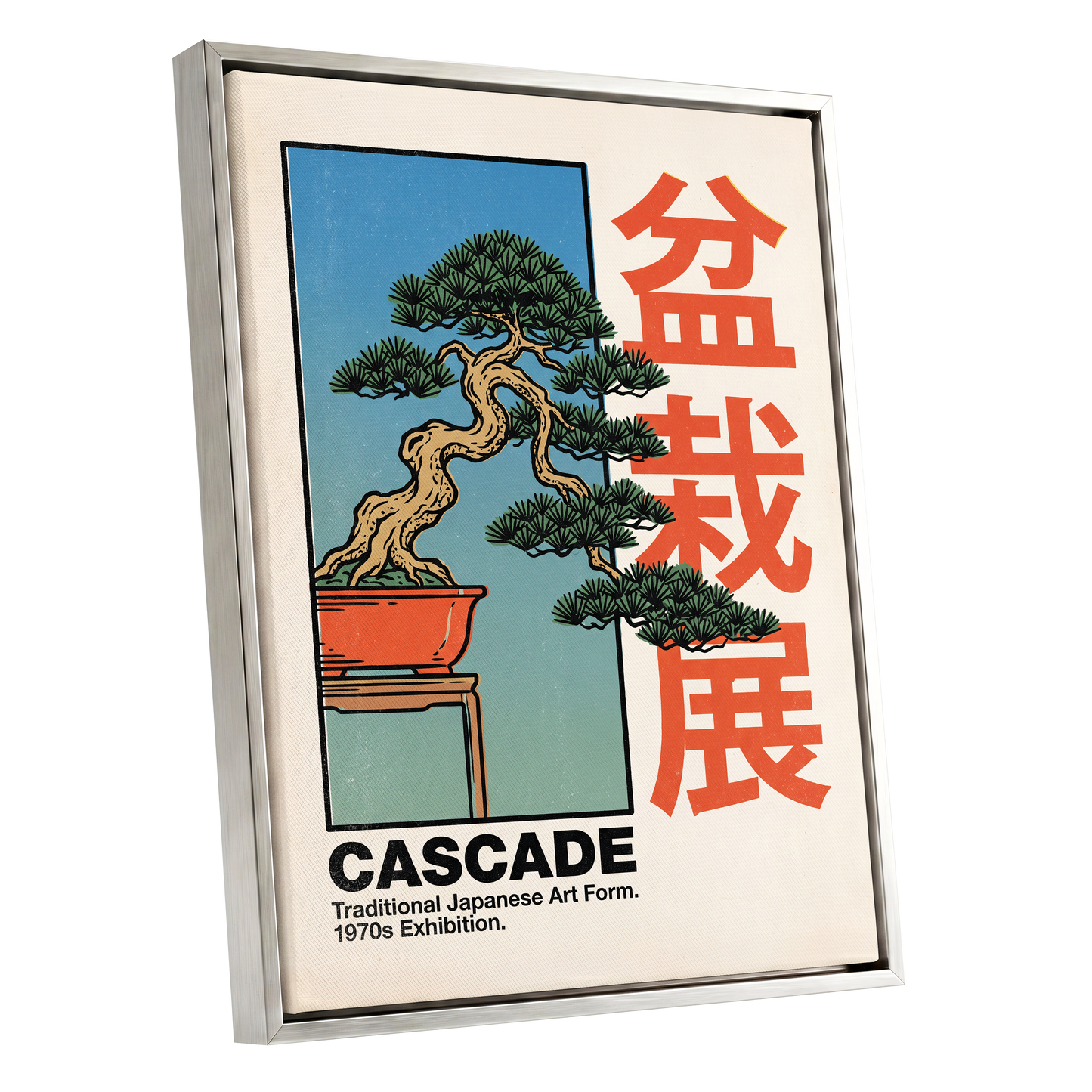 Cascade Bonsai Exhibition, beige, blue, green nature wall art shown as a silver framed canvas wall art