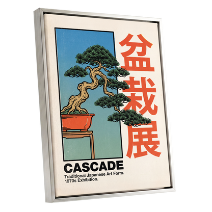 Cascade Bonsai Exhibition, beige, blue, green nature wall art shown as a silver framed canvas wall art