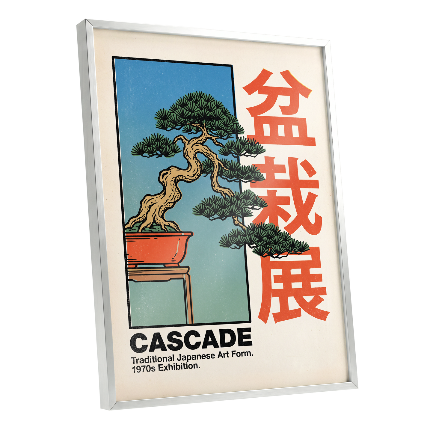 Cascade Bonsai Exhibition, beige, blue, green nature wall art shown as a silver framed poster wall art print