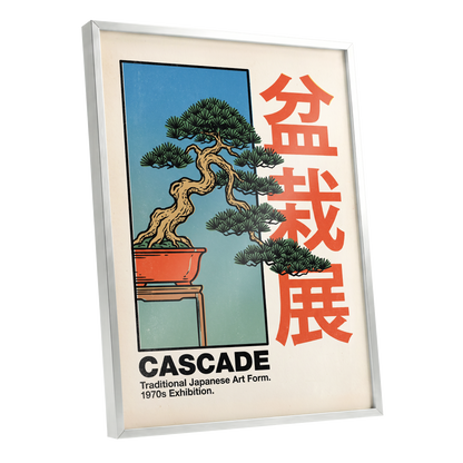 Cascade Bonsai Exhibition, beige, blue, green nature wall art shown as a silver framed poster wall art print
