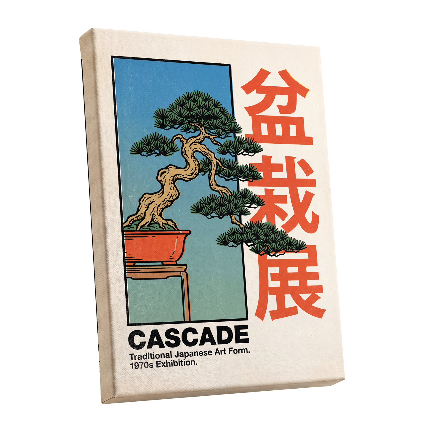 Cascade Bonsai Exhibition, beige, blue, green nature wall art shown as a stretched canvas wall art