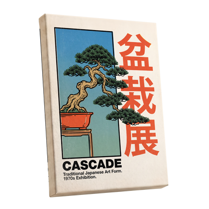 Cascade Bonsai Exhibition, beige, blue, green nature wall art shown as a stretched canvas wall art