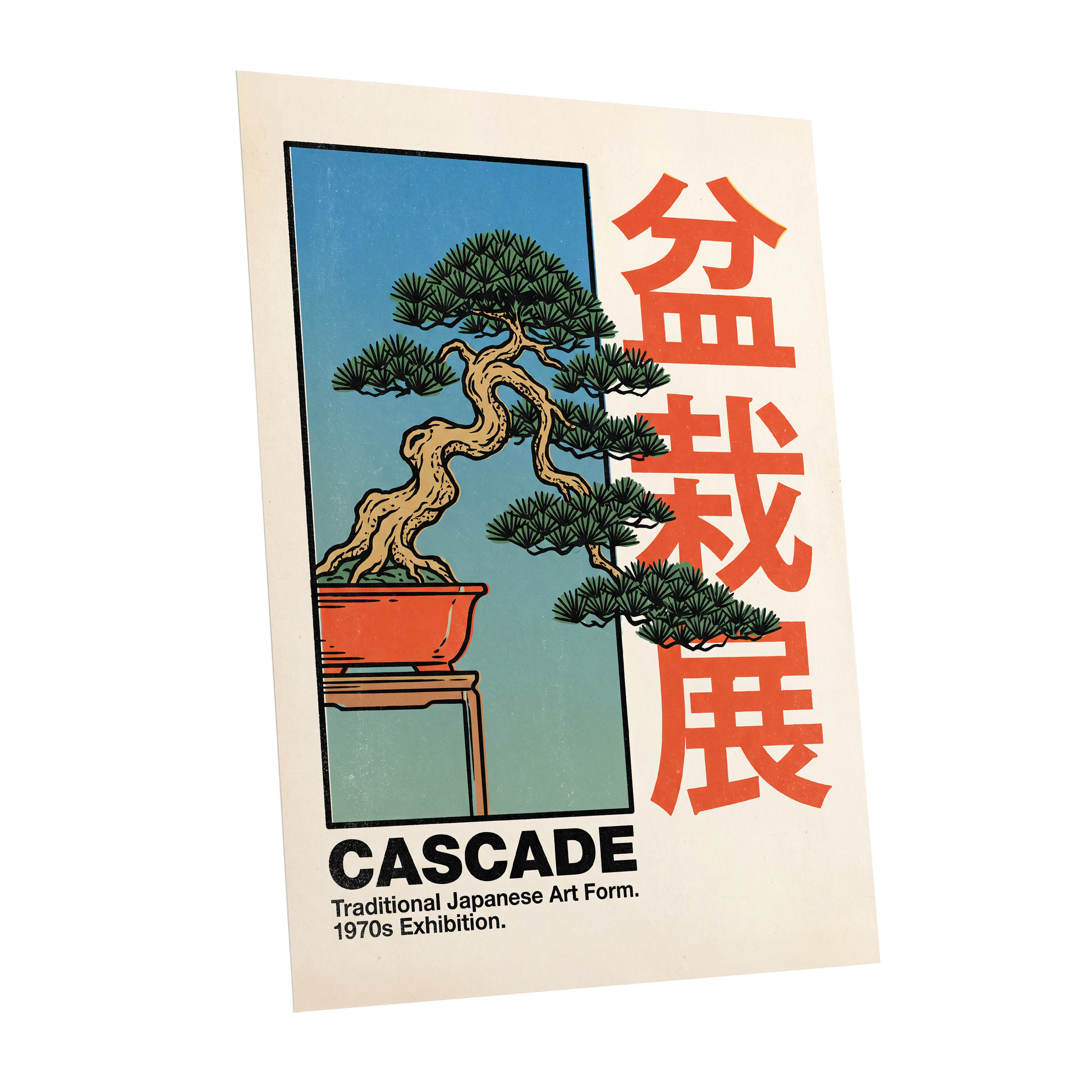 Cascade Bonsai Exhibition, beige, blue, green nature wall art shown as a unframed poster wall art print