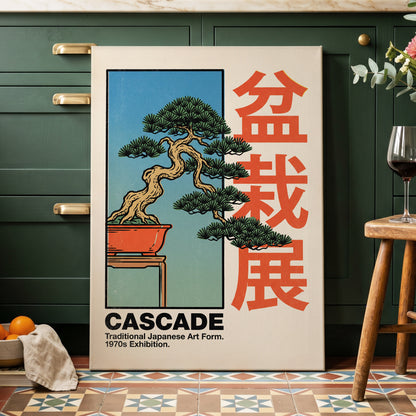 Cascade Bonsai Exhibition, beige, blue, green nature wall art displayed in a styled interior, gallery view 3