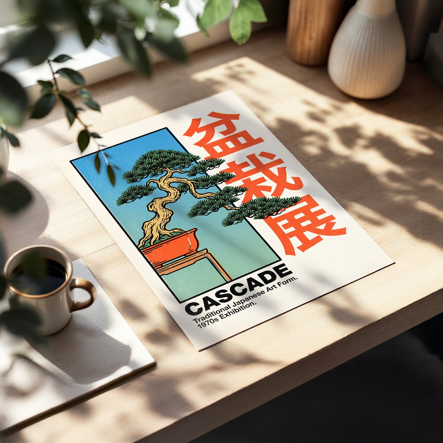Cascade Bonsai Exhibition, beige, blue, green nature wall art displayed in a styled interior, gallery view 5