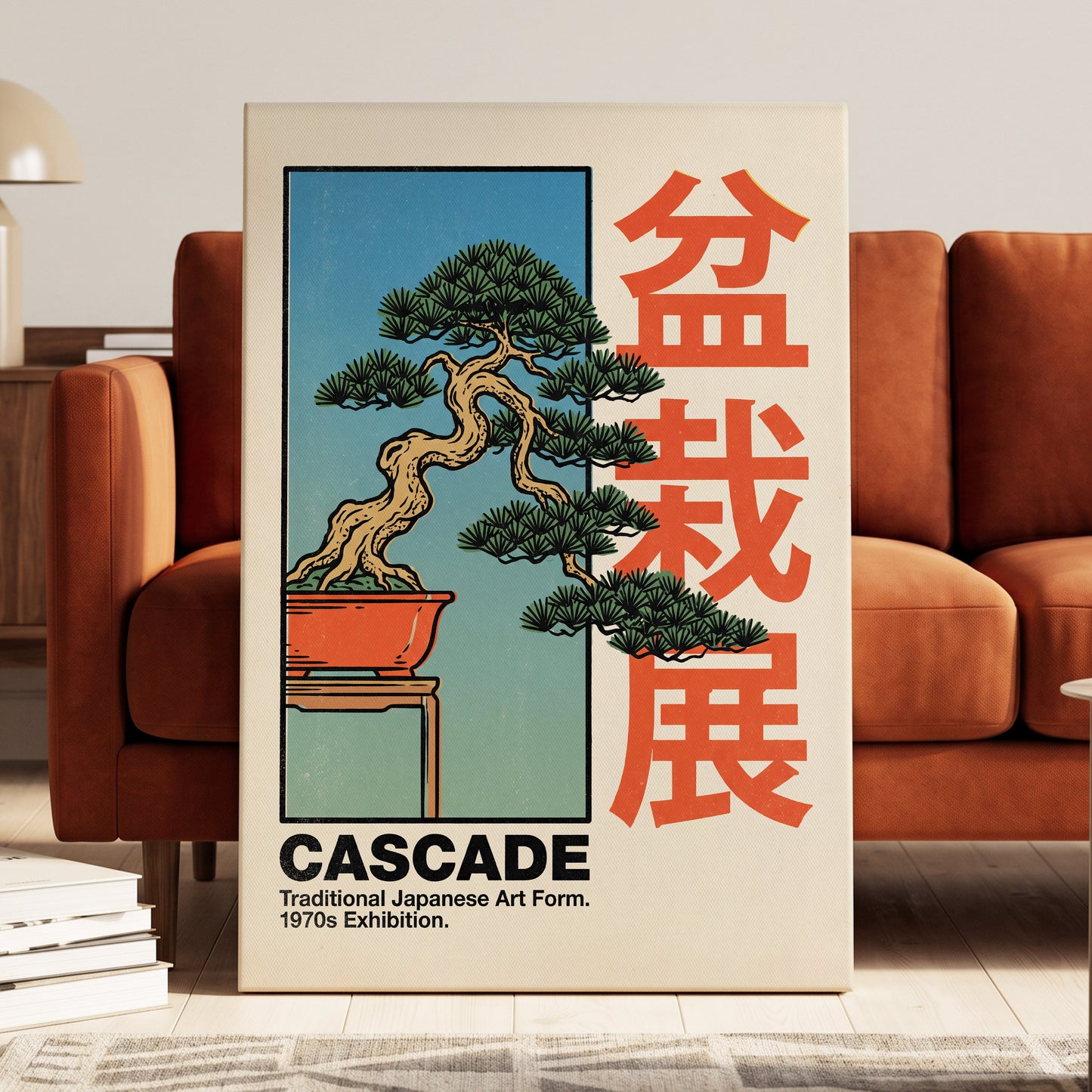 Cascade Bonsai Exhibition, beige, blue, green nature wall art displayed in a styled interior, gallery view 7