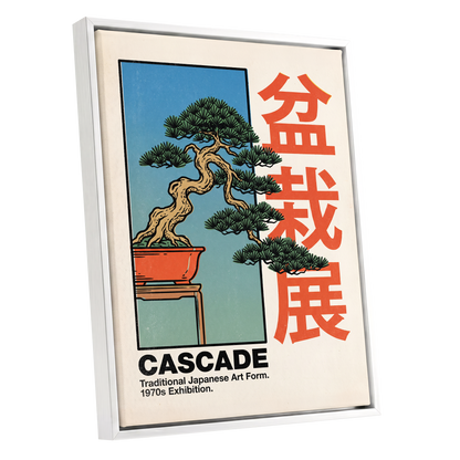 Cascade Bonsai Exhibition, beige, blue, green nature wall art shown as a white framed canvas wall art