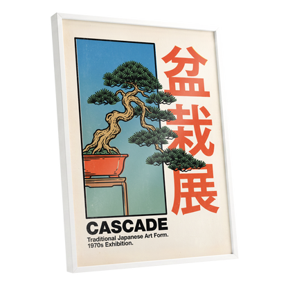 Cascade Bonsai Exhibition, beige, blue, green nature wall art shown as a white framed poster wall art print