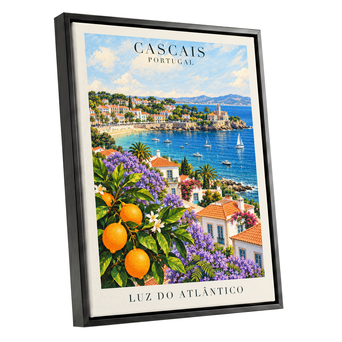 Cascais in Bloom, blue, green, orange nature wall art shown as a black framed canvas wall art