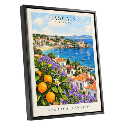 Cascais in Bloom, blue, green, orange nature wall art shown as a black framed canvas wall art