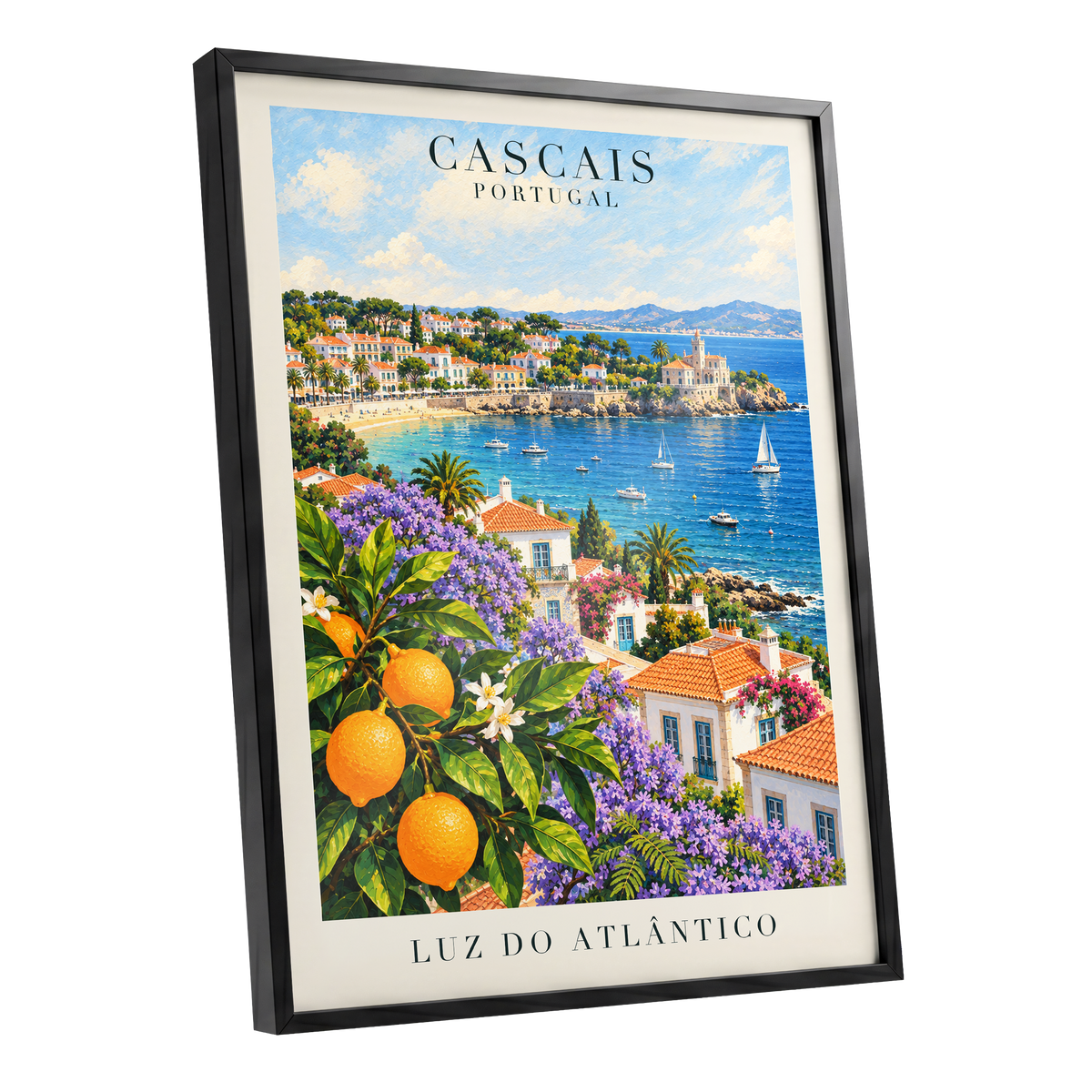 Cascais in Bloom, blue, green, orange nature wall art shown as a black framed poster wall art print