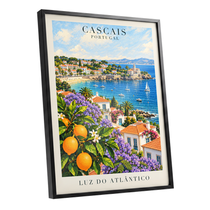 Cascais in Bloom, blue, green, orange nature wall art shown as a black framed poster wall art print