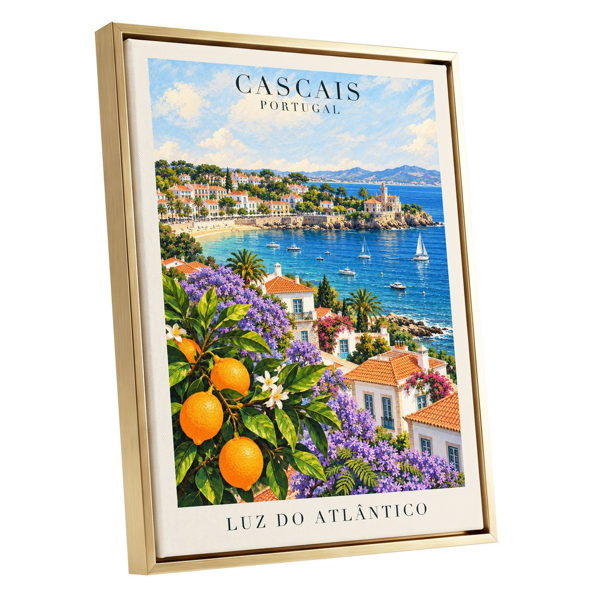 Cascais in Bloom, blue, green, orange nature wall art shown as a gold framed canvas wall art
