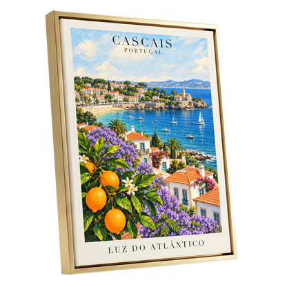 Cascais in Bloom, blue, green, orange nature wall art shown as a gold framed canvas wall art