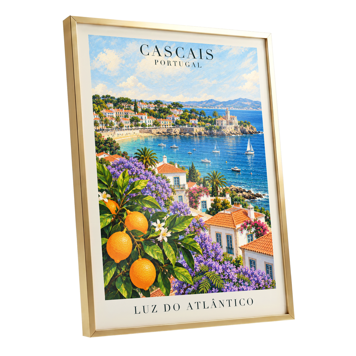 Cascais in Bloom, blue, green, orange nature wall art shown as a gold framed poster wall art print
