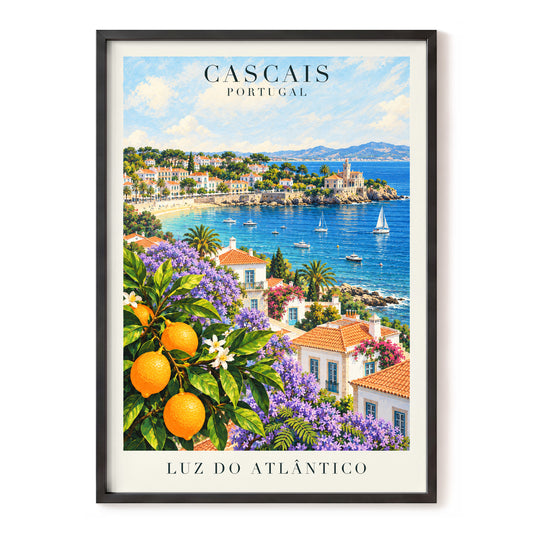 Cascais in Bloom, blue, green, orange nature wall art, front artwork view