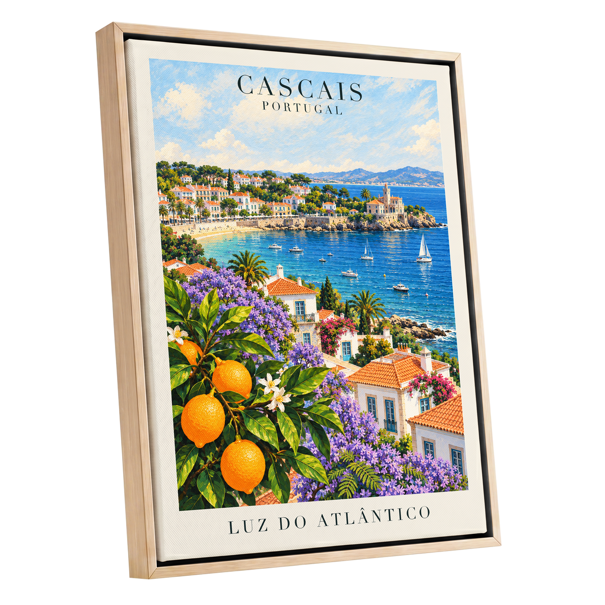 Cascais in Bloom, blue, green, orange nature wall art shown as a oak framed canvas wall art
