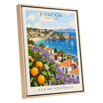 Cascais in Bloom, blue, green, orange nature wall art shown as a oak framed canvas wall art