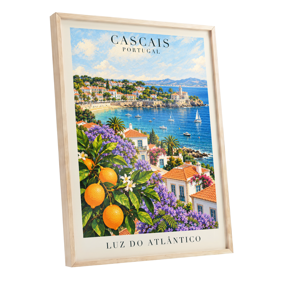 Cascais in Bloom, blue, green, orange nature wall art shown as a oak framed poster wall art print